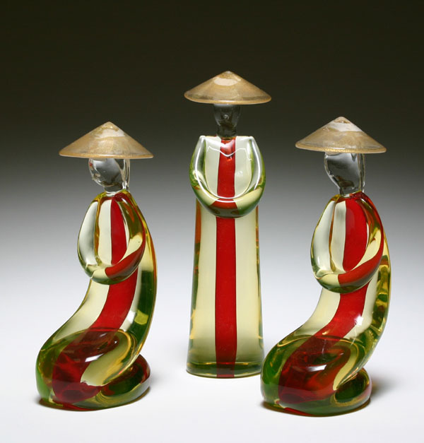 Appraisal: Three Murano vaseline sommerso art glass Asian figures with red