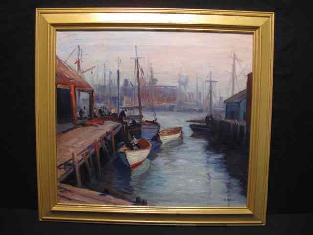 Appraisal: Oil on canvas painting depicting a harbor scene with boats