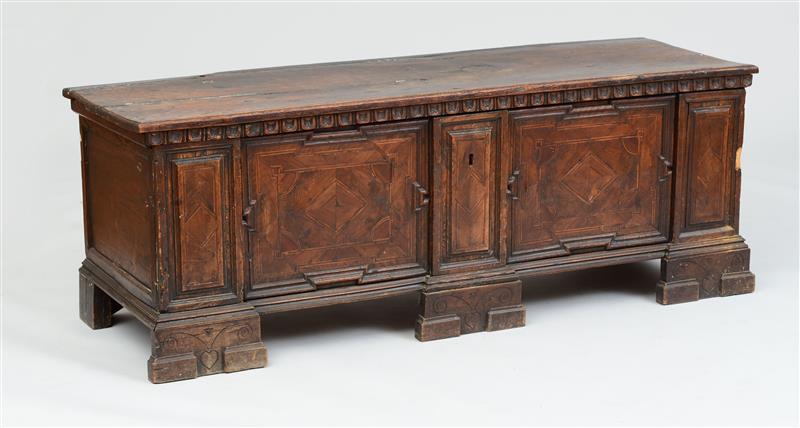 Appraisal: ITALIAN BAROQUE INLAID AND CARVED WALNUT CASSONE The hinged rectangular