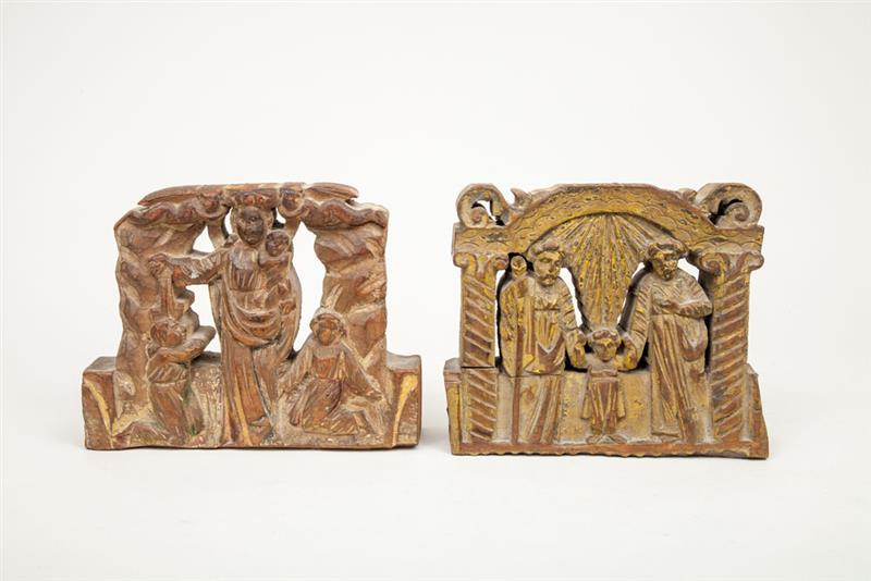 Appraisal: Two Carved Wood Plaques The Holy Family and Madonna and