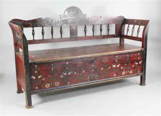 Appraisal: An Eastern European red painted pine box seat decorated throughout