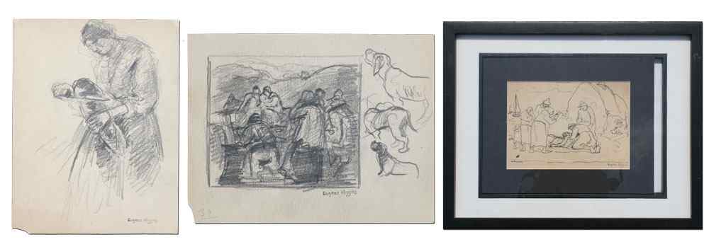 Appraisal: HIGGINS Eugene American - Multipiece Drawing Lot Woman Holding Loaf