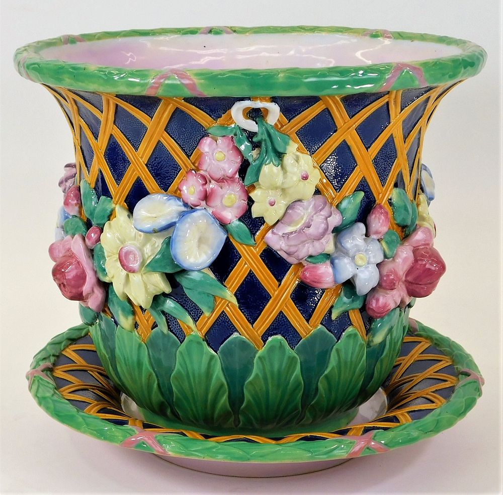 Appraisal: English Minton Majolica Flower Basket Jardiniere England Circa Large planter