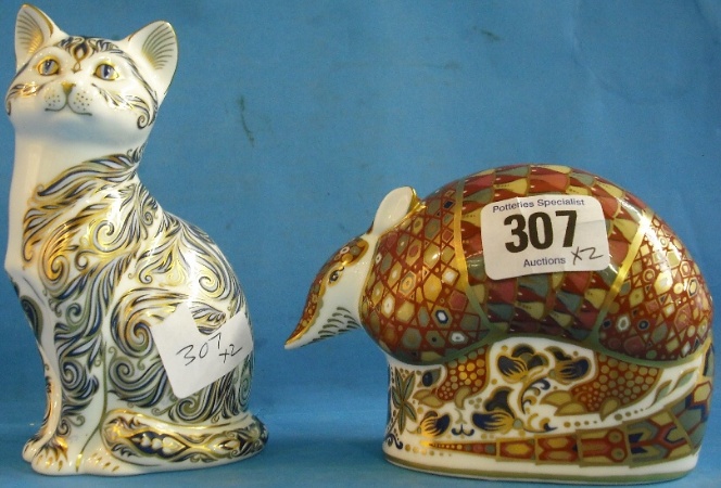 Appraisal: Royal Crown Derby Paperweights Armadillo and Majestic Cat with certificate