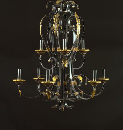 Appraisal: Large French Bronze-Patinated and Parcel-Gilt Tiered Nine-Light Wrought-Iron Chandelier of