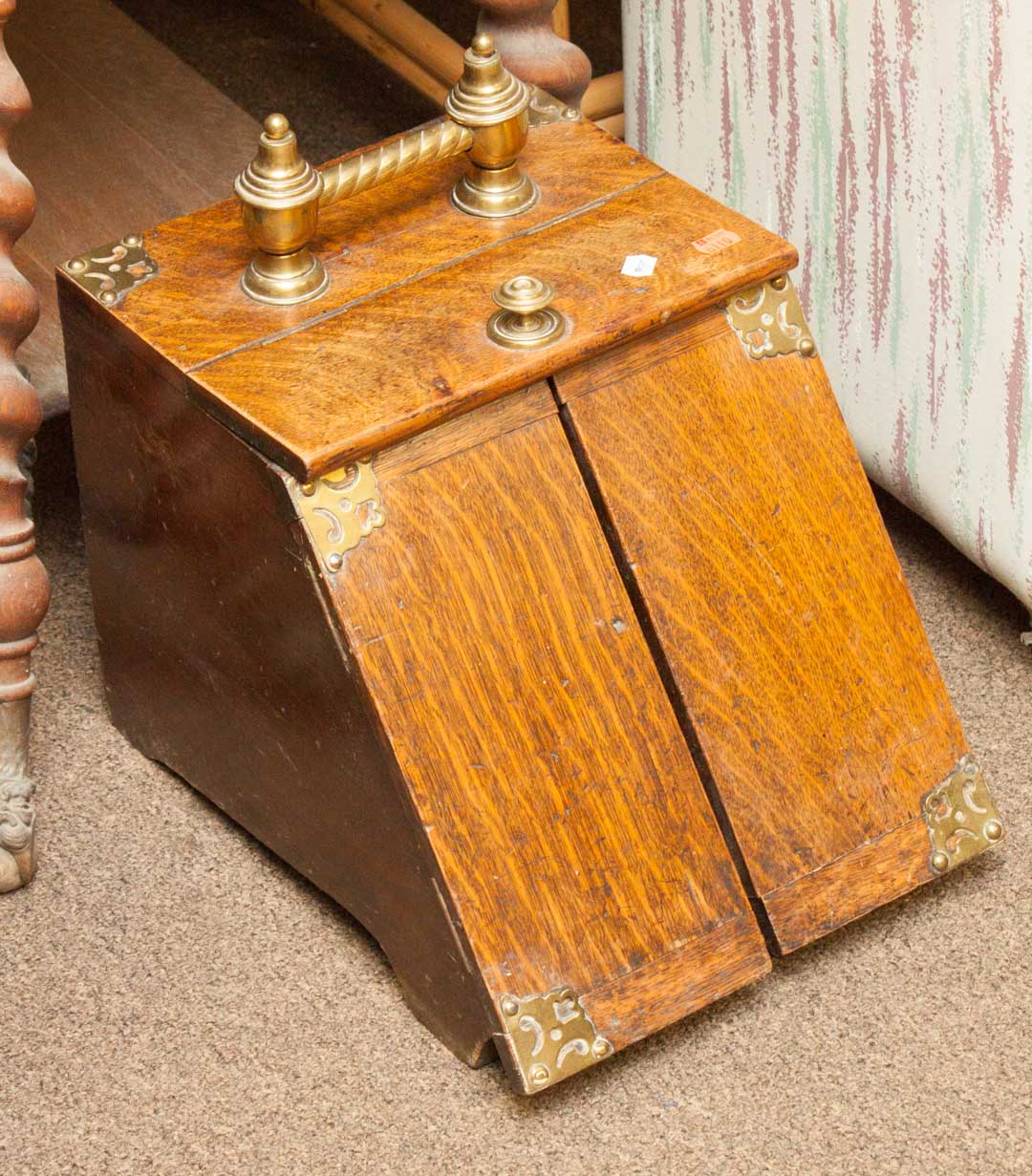 Appraisal: Oak and brass coal scuttle with scoop