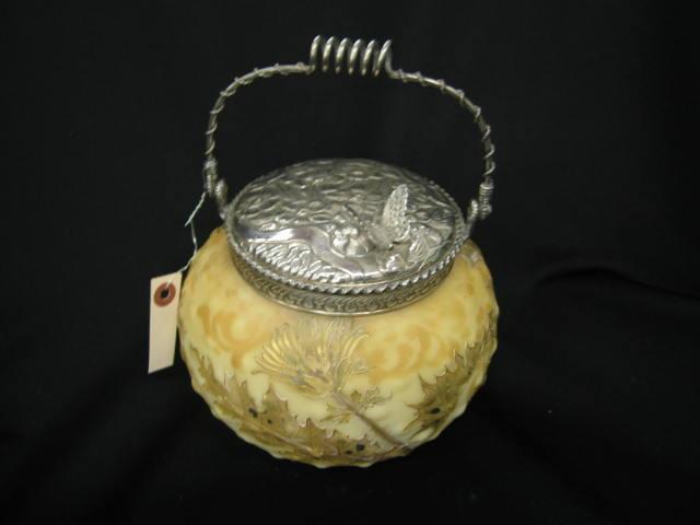 Appraisal: Crown Milano Art Glass Biscuit Jar elaborate floral silverplate floral