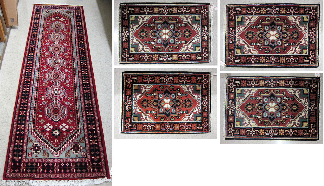 Appraisal: HAND KNOTTED ORIENTAL RUNNER AND FOUR MATS red field Indo-Bijar