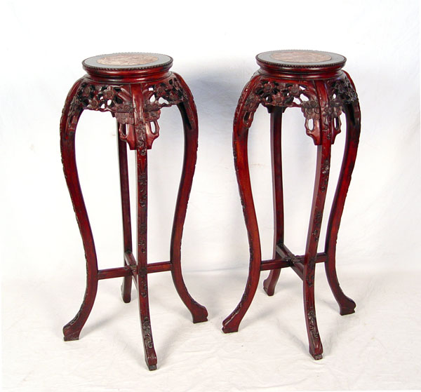 Appraisal: PAIR CHINESE CARVED STANDS Carved with marble inserts '' high