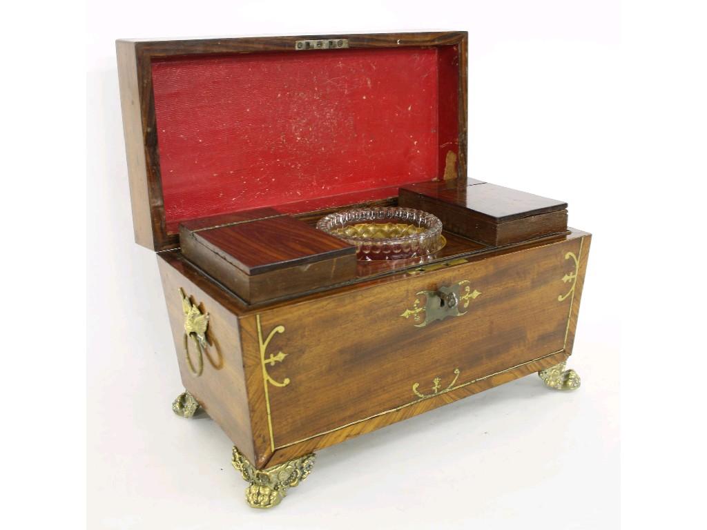 Appraisal: Regency mahogany brass inlaid sarcophagus tea caddy crossbanded with rosewood