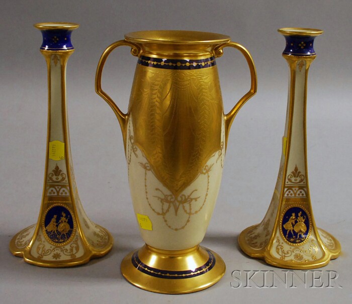 Appraisal: Pair of Dresden Porcelain Gilt and Cobalt-decorated Candlesticks marked Dresden