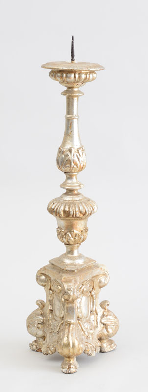 Appraisal: ITALIAN BAROQUE STYLE CARVED AND SILVERED WOOD PRICKET STICK The