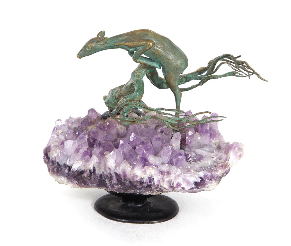 Appraisal: Bronze and amethyst geode sculpture modeled leaping doe figures inset