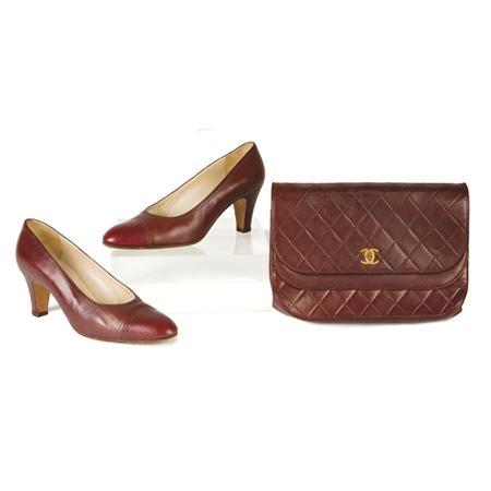 Appraisal: Chanel Burgundy Calf Clutch and Pair of Pumps Estimate -