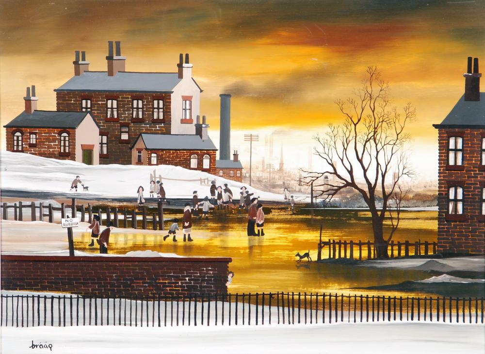 Appraisal: BRIAN SHIELDS BRAAQ - Industrial Landscape at Twilight with Figures