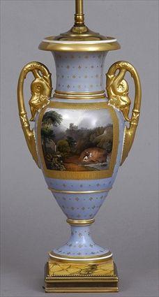 Appraisal: ENGLISH PORCELAIN TWO-HANDLED SCENIC VASE MOUNTED AS A LAMP The