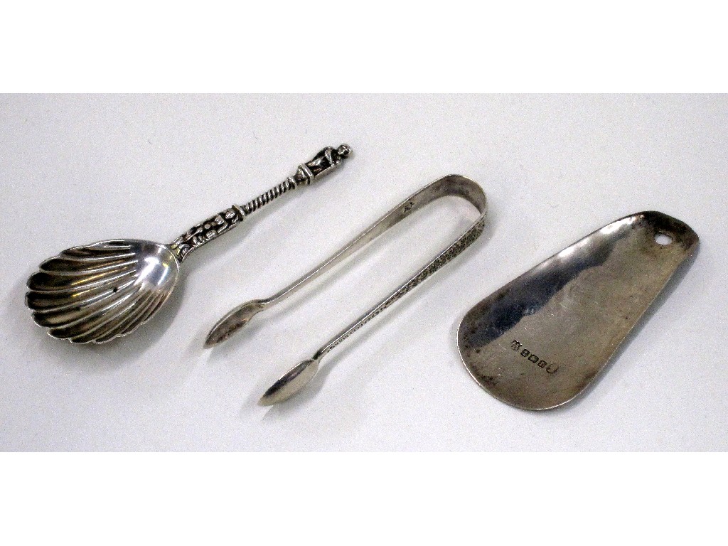 Appraisal: Lot comprising silver caddy spoon shoehorn and tongs London Birmingham