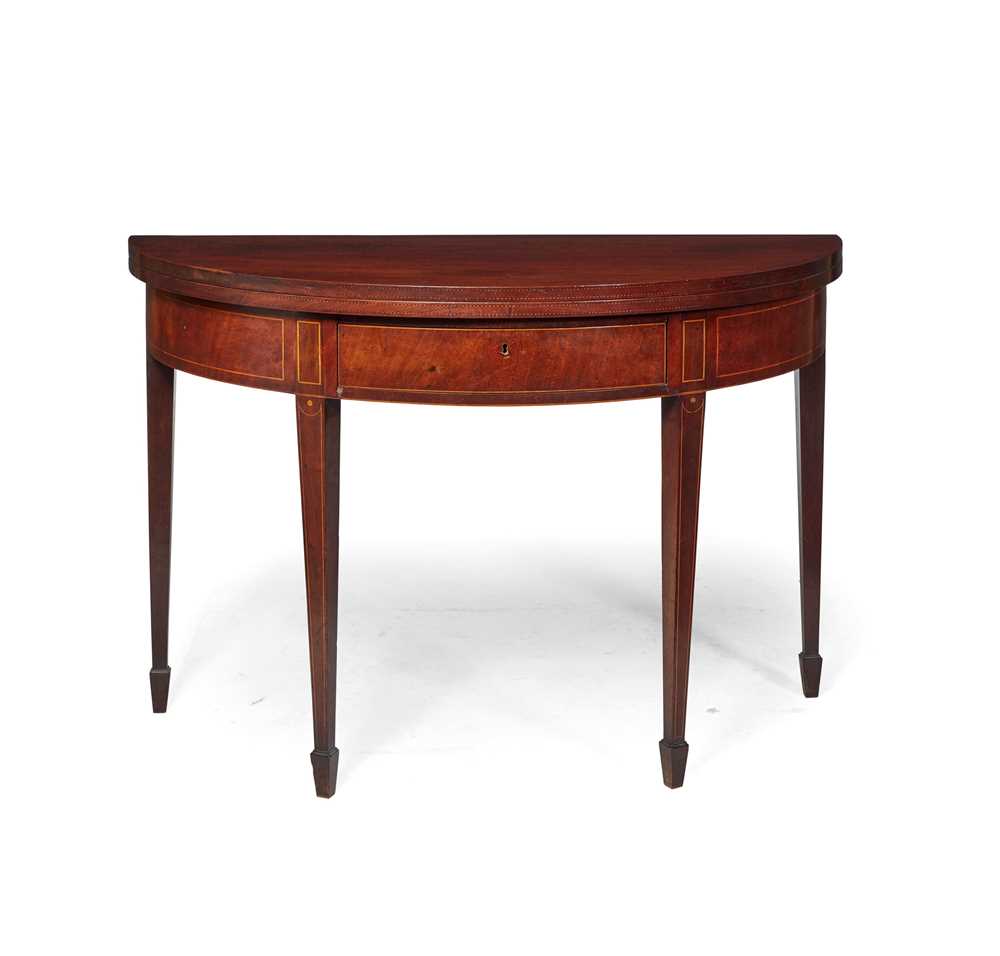 Appraisal: SCOTTISH GEORGE III MAHOGANY AND BOXWOOD INLAID FOLD-OVER DEMILUNE TEA