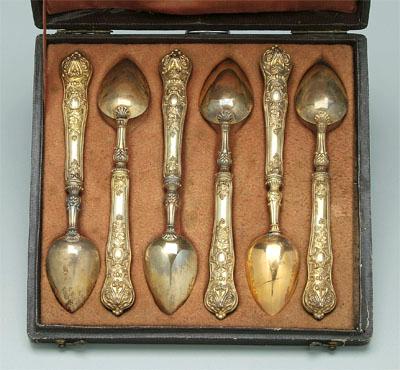 Appraisal: Six French gilt silver spoons hollow handles scroll decoration fine