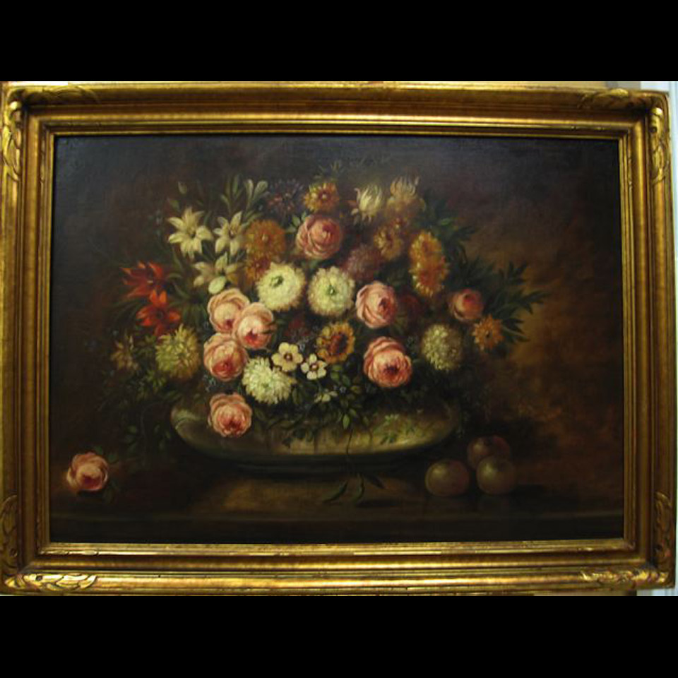 Appraisal: TH CENTURY FLORAL STUDY WITH APPLES OIL ON CANVAS GLUED