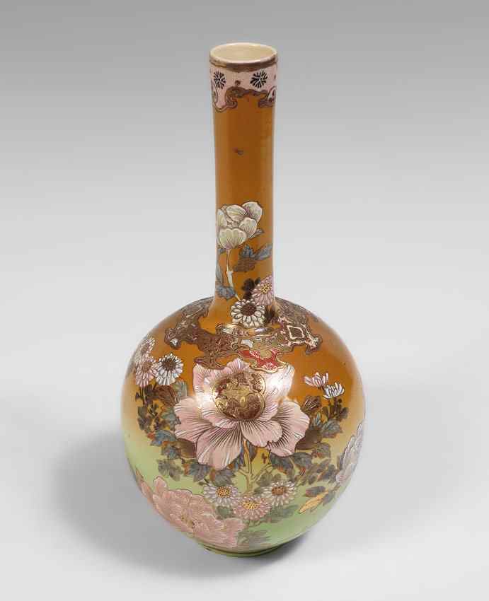 Appraisal: SIGNED SATSUMA BOTTLE NECK VASE Enamel and gilt decoration the