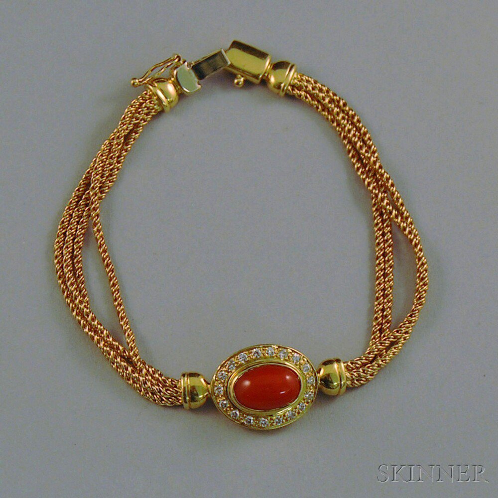 Appraisal: Italian kt Gold Coral and Diamond Bracelet with a central