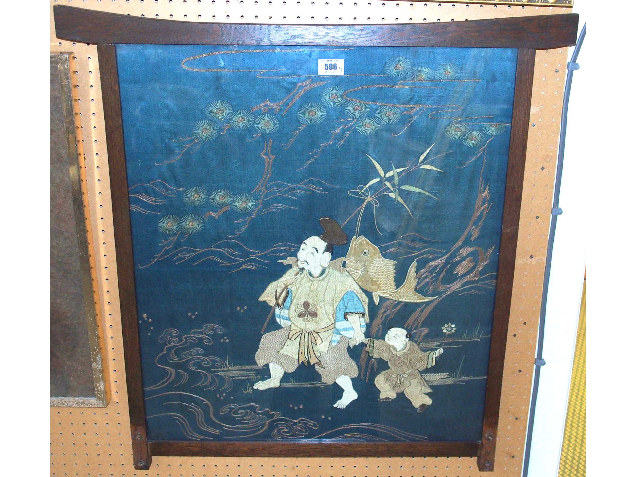 Appraisal: ORIENTAL SCHOOL Father and boy fishing silk embroidered panel and