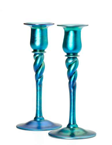 Appraisal: STEUBEN Pair of blue Aurene table candlesticks with spiral twisted