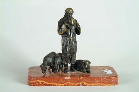 Appraisal: BRONZE FIGURAL GROUP OF SHEEP HERDER AND THREE SHEEP Mounted