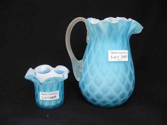 Appraisal: pcs Blue Satin Diamond Quilted Art Glass '' pitcher and