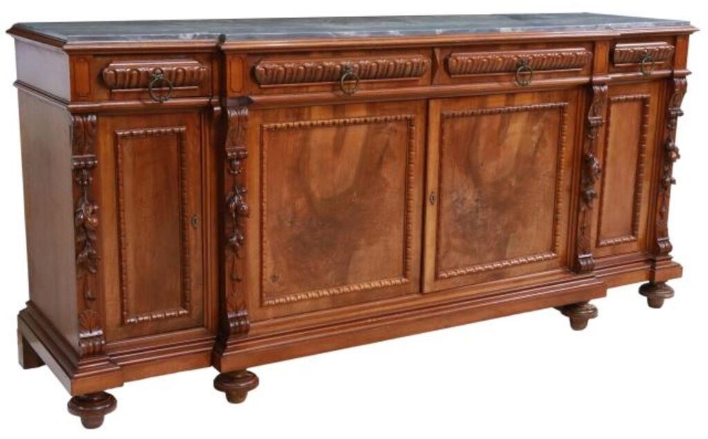 Appraisal: Italian carved walnut sideboard early th c having shaped marble