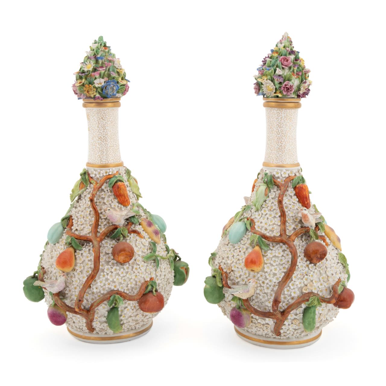 Appraisal: PAIR MEISSEN STYLE SCHNEEBALLEN BOTTLE VASES Pair of Jacob Petit