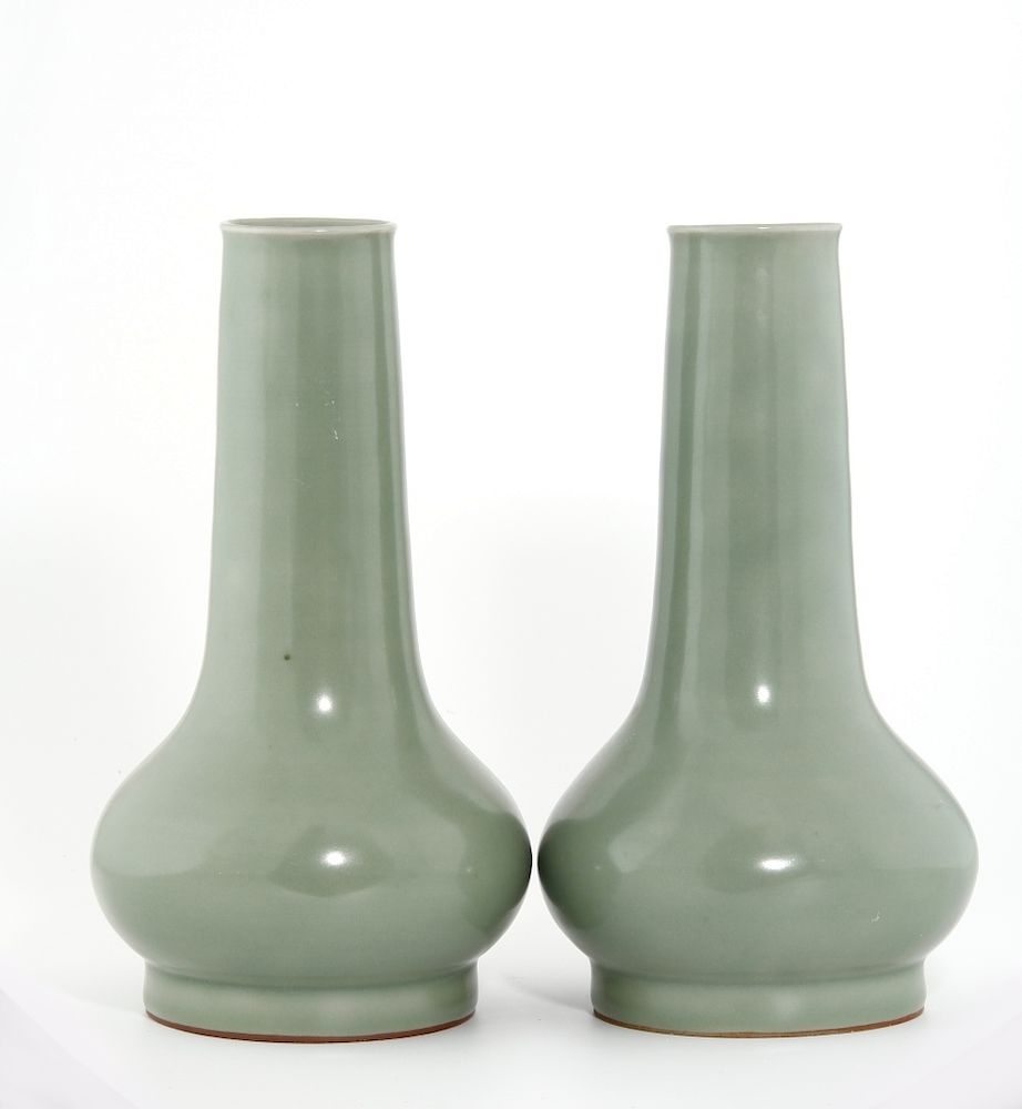 Appraisal: Rare Pair of Lungchuan Celadon Bottle Vases Each with elegant