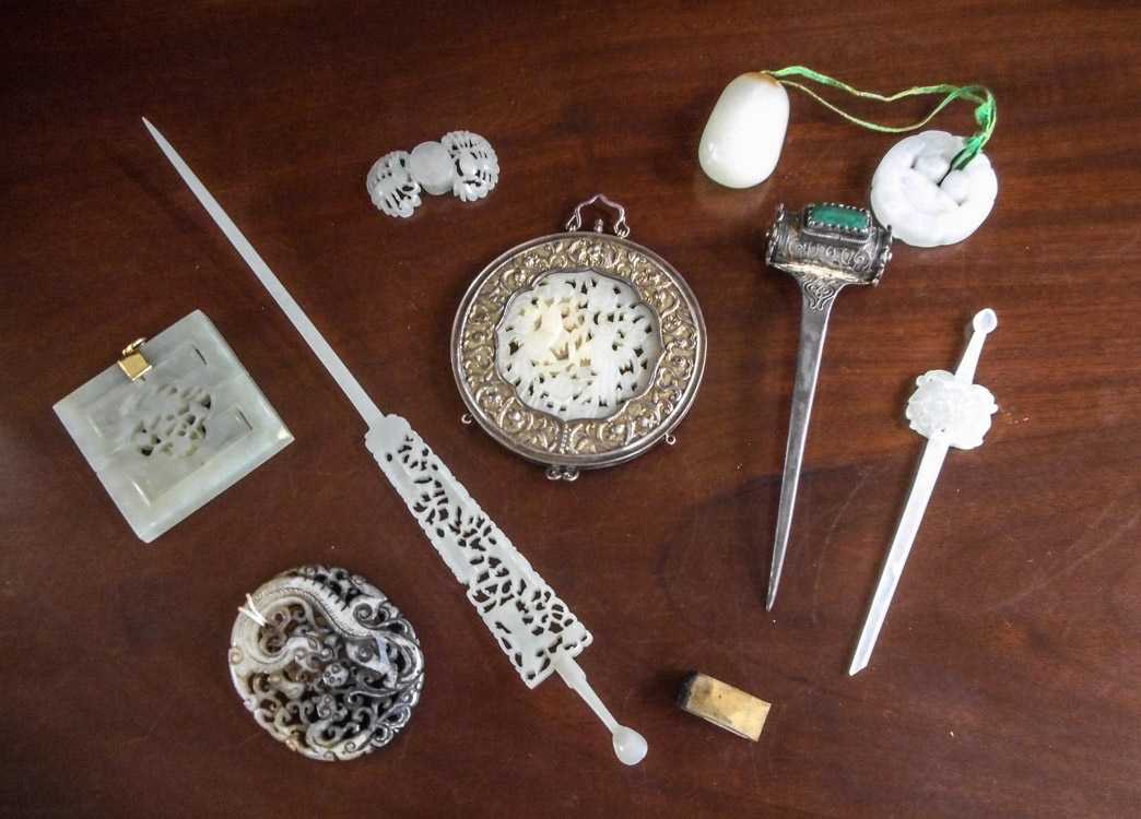 Appraisal: ELEVEN PIECES OF JADE WOOD SILVER PLATE AND STONE ITEMS