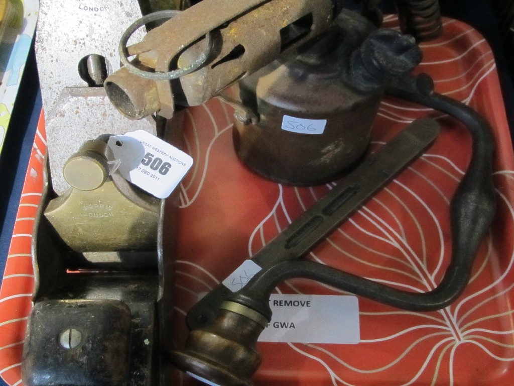 Appraisal: Lot comprising large Morris woodplane blow torch spirit level by