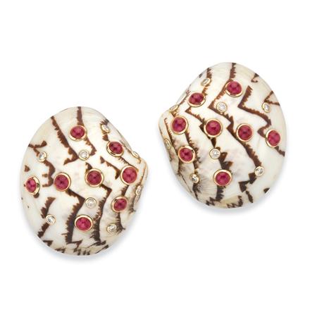 Appraisal: Pair of Gold Shell Cabochon Ruby and Diamond Earclips Estimate