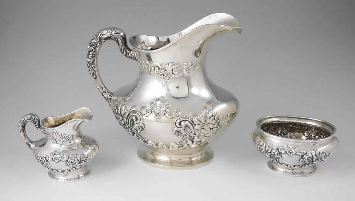 Appraisal: PIECE GORHAM STERLING TEA SET Embossed floral motif to include