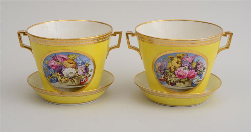 Appraisal: PAIR OF DERBY YELLOW-GROUND PORCELAIN TWO-HANDLED CACHEPOTS AND STANDS With