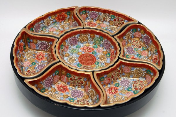 Appraisal: Chinese porcelain sweetmeat tray black japanned wood spinning tray and