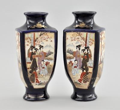 Appraisal: A Pair of Japanese Satsuma Cobalt Vases Squared baluster form