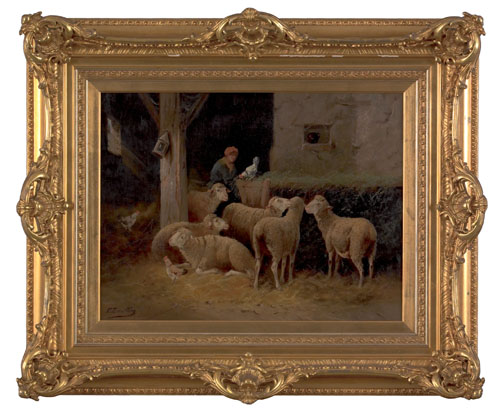 Appraisal: French oil on canvas barn scene with sheep late th