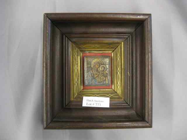 Appraisal: Miniature Russian Iconwith silver frame Madonna child '' square th