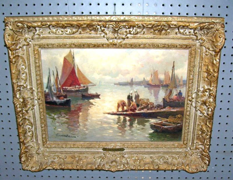 Appraisal: Harbor Scene - N Demester Oil on canvas of a