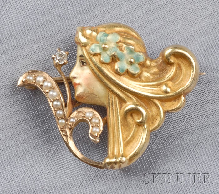 Appraisal: Art Nouveau kt Gold Enamel and Seed Pearl Watch Pin