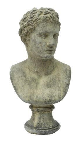 Appraisal: Cast stone garden statuary bust of Adonis on socle evidence