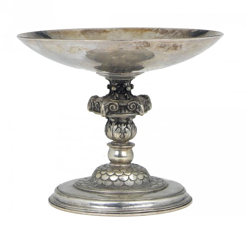 Appraisal: AN OMAR RAMSDEN SILVER TAZZA of heavy gauge the hammer