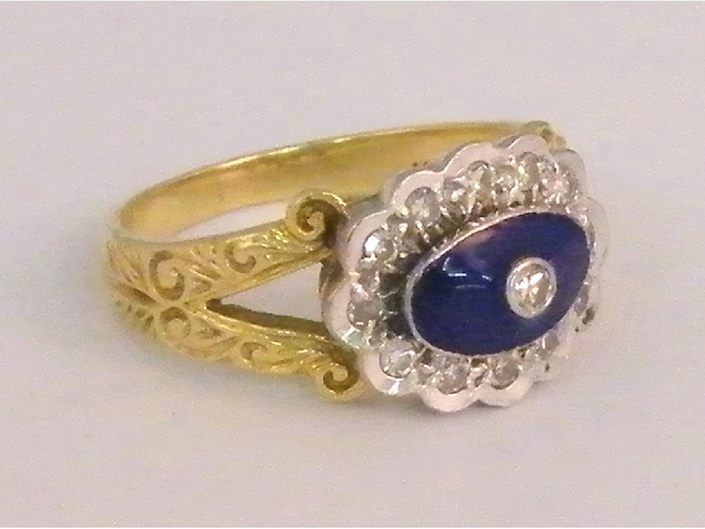 Appraisal: Attractive ct diamond and blue enamel oval cluster ring in