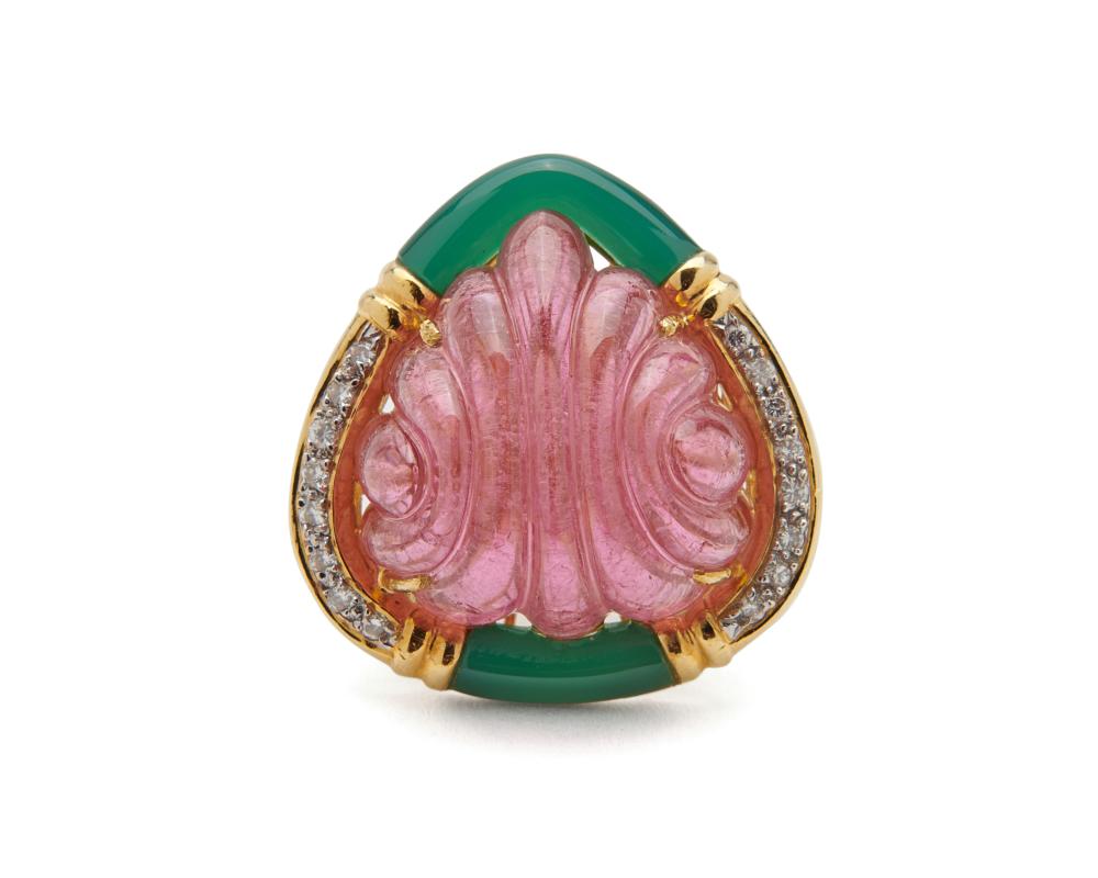 Appraisal: K Gold Tourmaline Chalcedony and Diamond Ring centering a triangular-shape