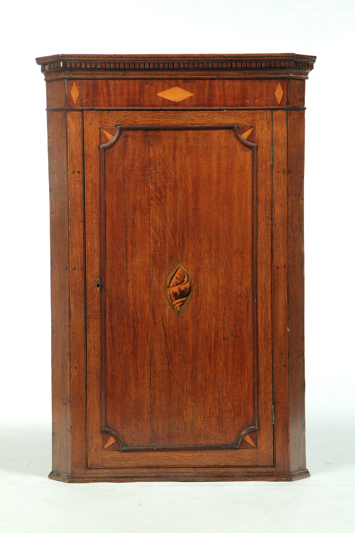 Appraisal: ENGLISH GEORGE III HANGING CORNER CUPBOARD Ca mahogany oak and