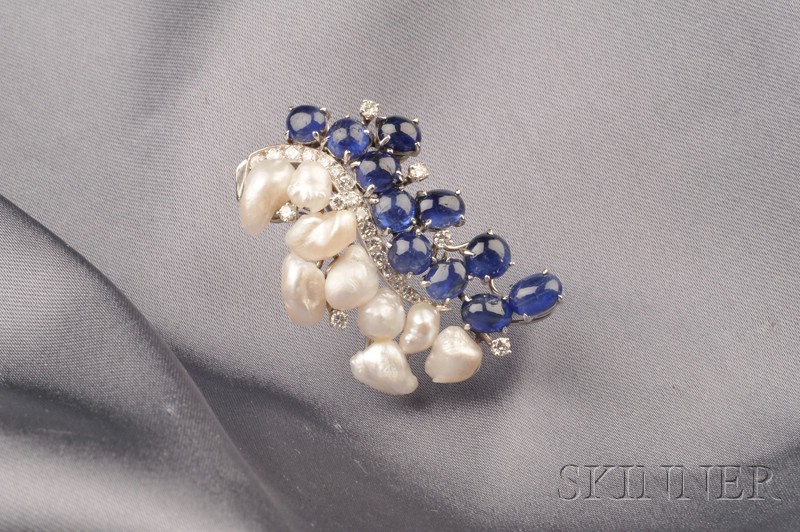 Appraisal: Sapphire Diamond and Freshwater Pearl Brooch Ruser prong-set with cabochon